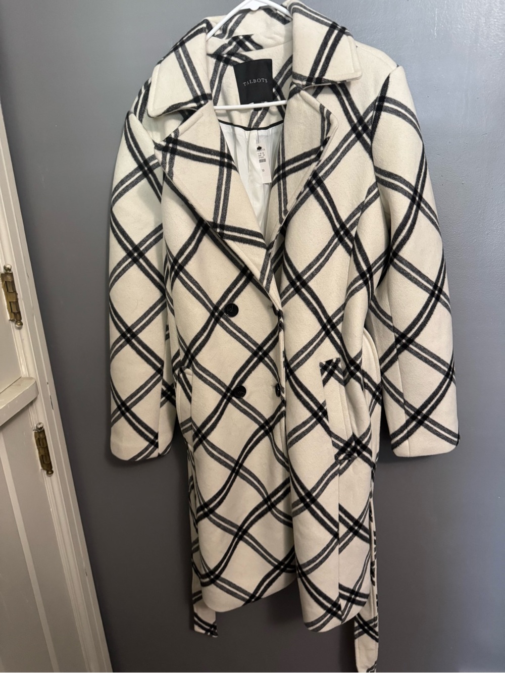 Talbots Black and White Windowpane Print Wool-Blend Trench Coat.